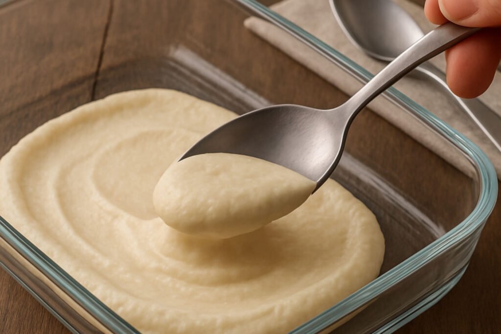 Spoonful of cream on baking dish